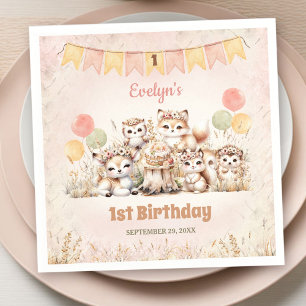 Woodland Animals Boho Pastel Girl 1st Birthday Napkin