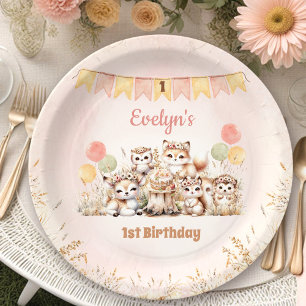 Woodland Animals Boho Pastel Girl 1st Birthday  Paper Plate