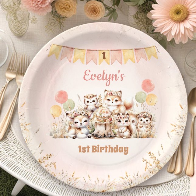 Woodland Animals Boho Pastel Girl 1st Birthday  Paper Plate (Woodland Animals Boho Pastel Girl 1st Birthday Paper Plates)