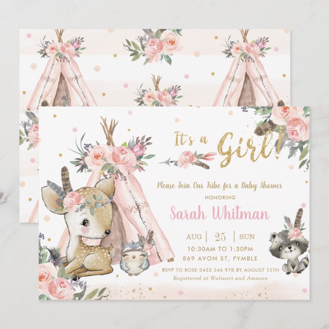 Woodland Animals Boho Tribal Girl Baby Shower Invitation (Front/Back)