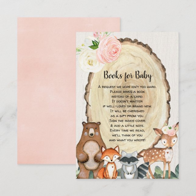 Woodland animals book request girl baby shower enclosure card (Front/Back)