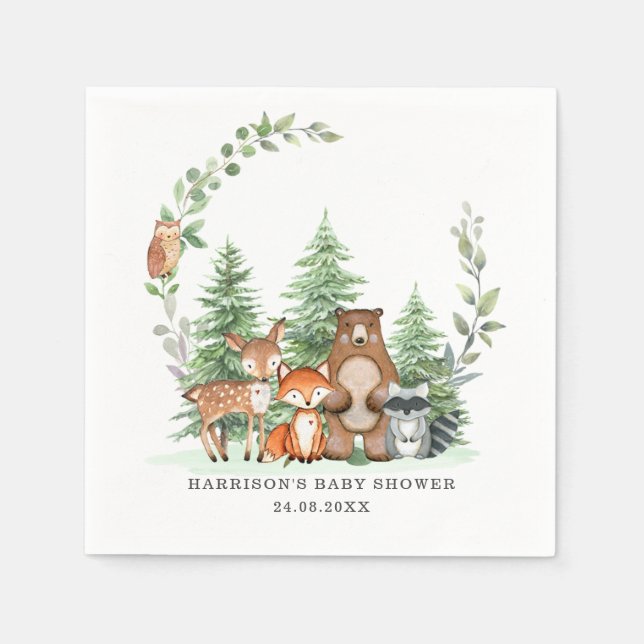  Woodland Animals Botanical Greenery Baby Shower Napkin (Front)