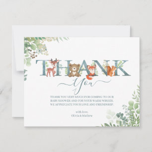 Woodland Animals Botanical Letter Baby Shower Thank You Card