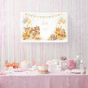 Woodland Animals Bunny Bear Fox Birthday Backdrop  Banner