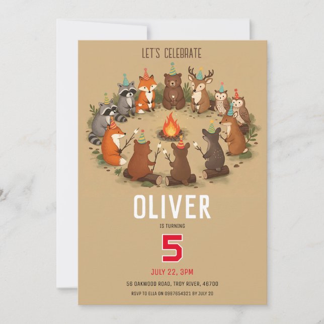 Woodland Animals Campfire Birthday Party Invitation (Front)