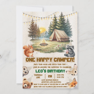 Woodland Animals Camping 1st Birthday Invitation
