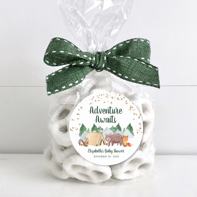 Woodland Animals Camping Baby Shower Classic Round Sticker (Creator Uploaded)