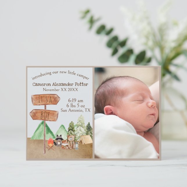 Woodland Animals Camping Custom New Baby Photo Card (Standing Front)