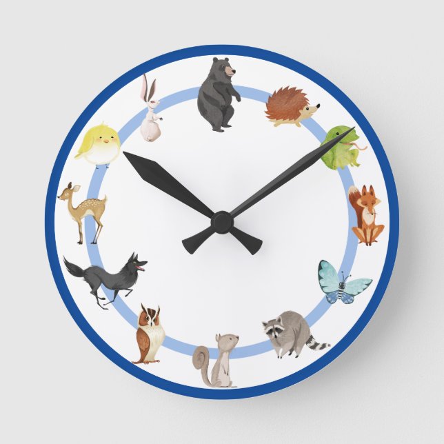 Woodland Animals Children's Room Deer Fox Rabbit Round Clock (Front)