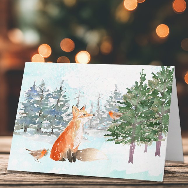 Woodland Animals Christmas Watercolor Card (Woodland Fox Christmas Card)