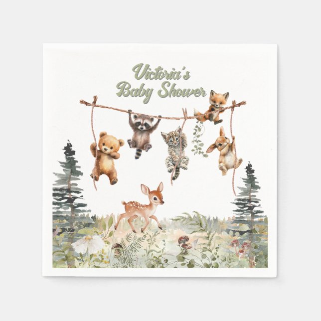 Woodland Animals Clothesline Forest Baby Shower Napkin (Front)