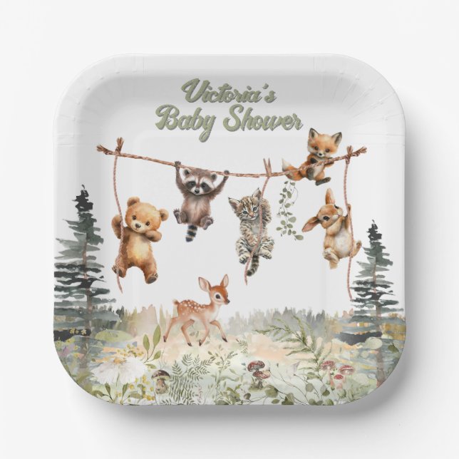 Woodland Animals Clothesline Forest Baby Shower Paper Plate (Front)