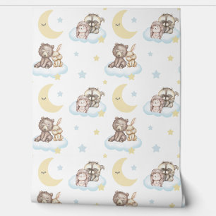 Woodland Animals Clouds Stars Moon Baby Nursery Wallpaper