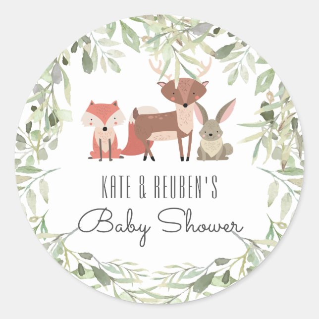 Woodland Animals Couples Baby Shower Classic Round Sticker (Front)