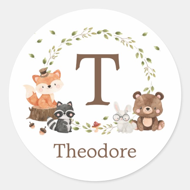 Woodland Animals Custom Monogram Classic Round Sticker (Front)