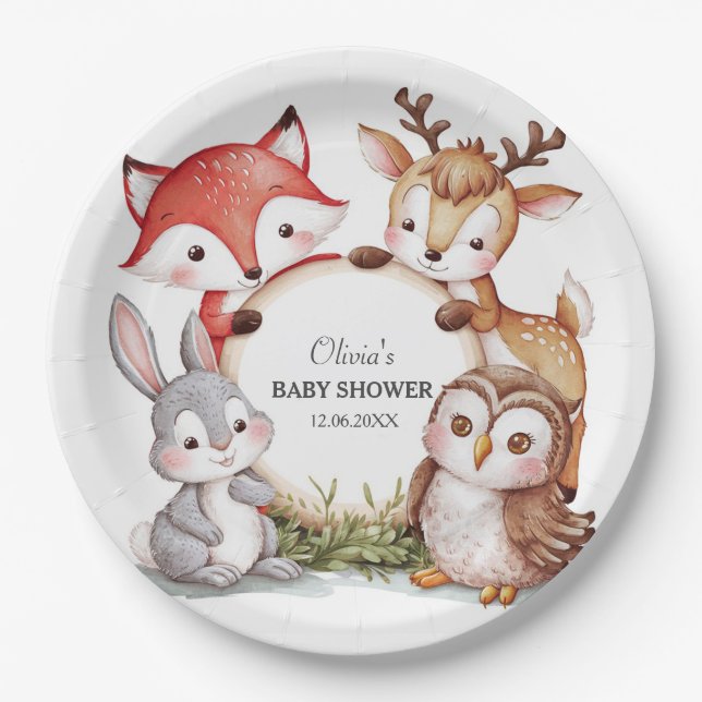 Woodland Animals Cute Baby Shower Paper Plate (Front)