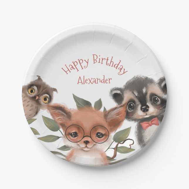 Woodland Animals Cute Birthday Party Theme Paper Plate (Front)