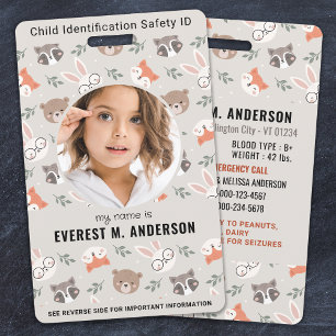 Woodland Animals Cute Custom Modern Photo Child ID ID Badge