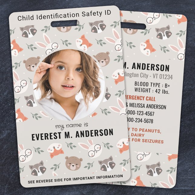 Woodland Animals Cute Custom Modern Photo Child ID ID Badge (Creator Uploaded)
