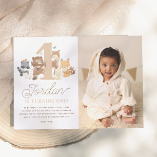 Woodland Animals Cute First Birthday Party Photo Invitation
