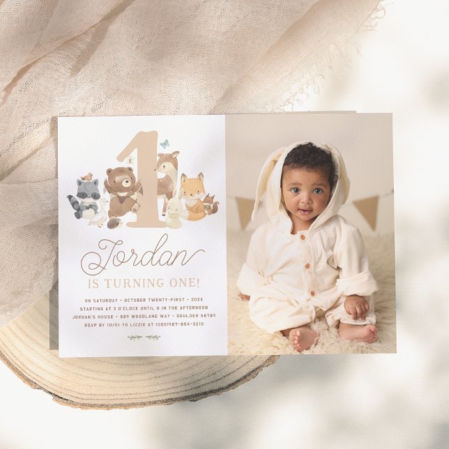 Woodland Animals Cute First Birthday Party Photo Invitation (Creator Uploaded)