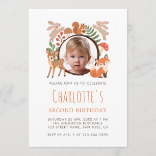 Woodland Animals Cute Girl Photo Second Birthday Invitation