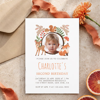 Woodland Animals Cute Girl Photo Second Birthday Invitation