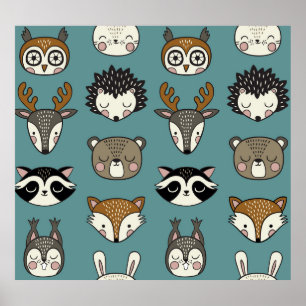 Woodland Animals Cute Vintage Pattern Poster