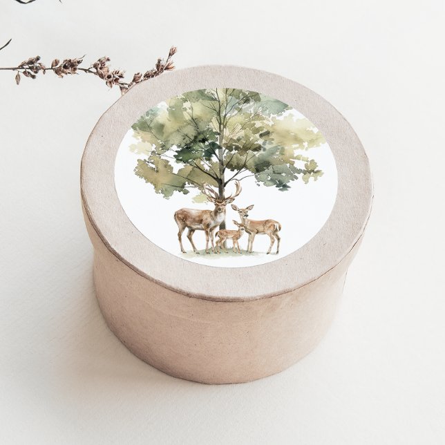 Woodland Animals | Deer family Baby Shower Favour Classic Round Sticker (Creator Uploaded)