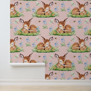 Woodland Animals Deer Fawn Baby Girl Nursery Wallpaper