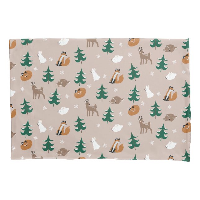Woodland Animals Deer Fox Bunny Pattern Trees Pillowcase (Front)