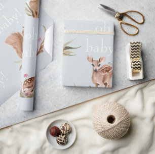 Woodland Animals Dusty Blue Oh Baby Wrapping Paper