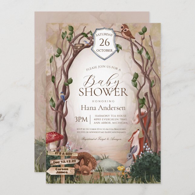 Woodland Animals Fall Autumn Forest Baby Shower Invitation (Front/Back)