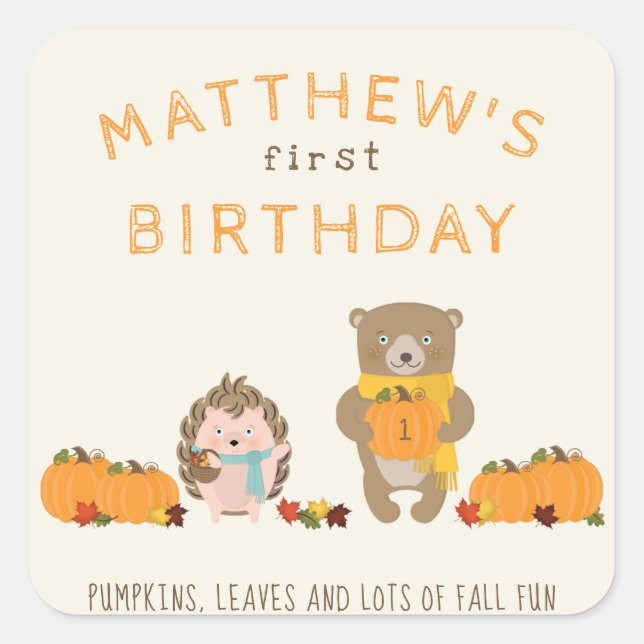 Woodland Animals Fall Birthday Square Sticker (Front)
