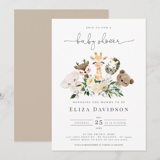  Woodland Animals Faux Gold Modern Baby Shower Invitation (Front/Back)