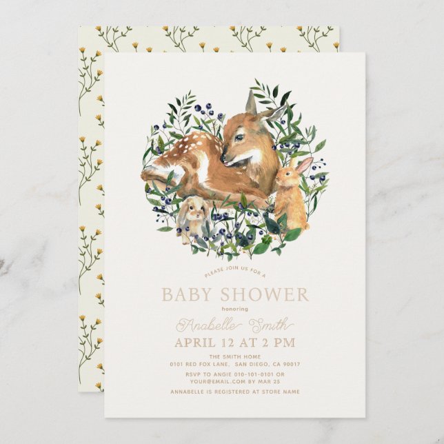 Woodland Animals Fawn Bunny Greenery Baby Shower Invitation (Front/Back)
