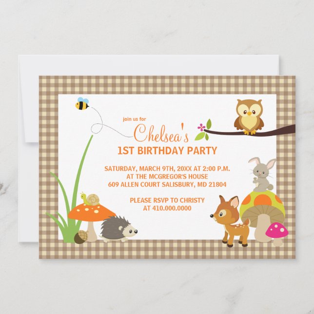 Woodland Animals First Birthday Invitations (Front)