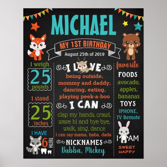 Woodland animals First Birthday party sign (Front)