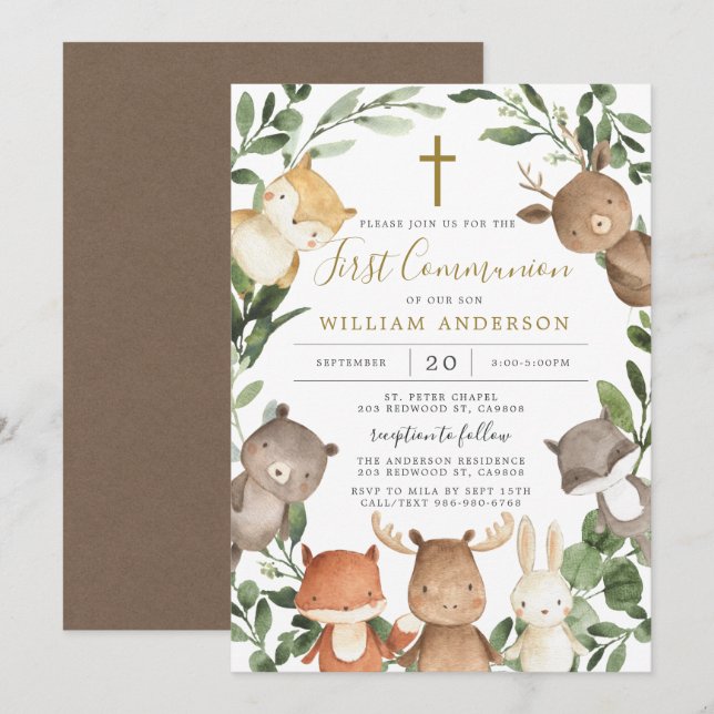 Woodland Animals First Communion Invitation (Front/Back)