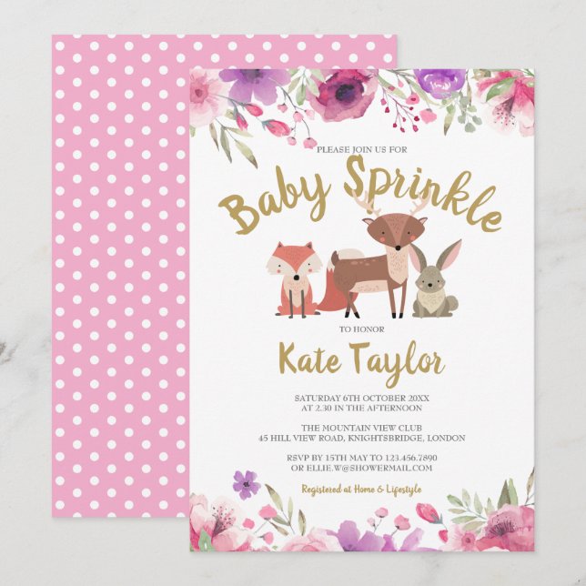 Woodland Animals Floral Baby Girl Sprinkle/Shower Invitation (Front/Back)