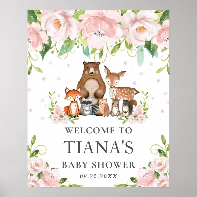 Woodland Animals Floral Baby Shower Welcome Sign (Front)