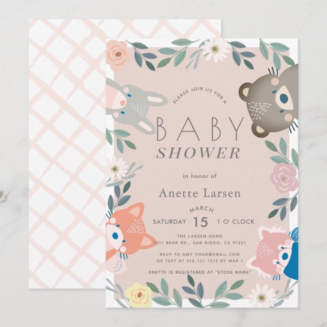 Woodland Animals Floral Pink Girl Baby Shower Invitation (Front/Back)