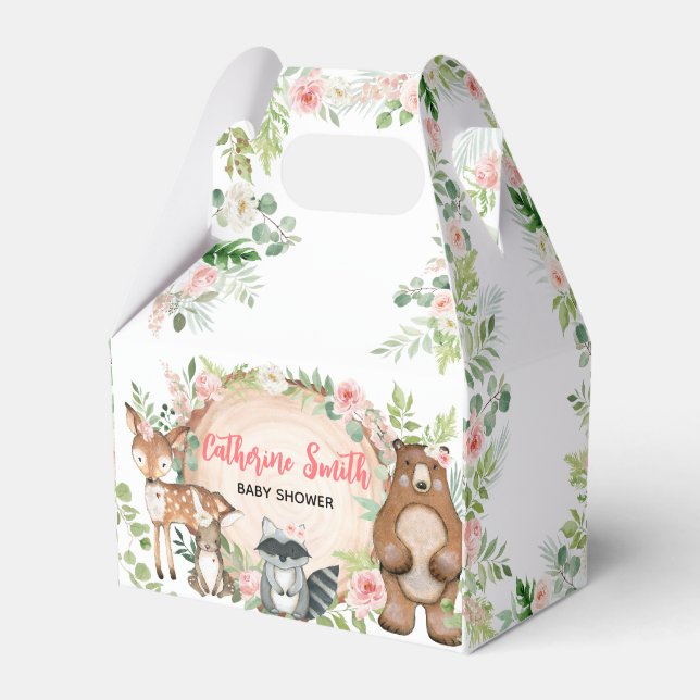 Woodland Animals Floral Wood Slice Baby Shower Favour Box (Front Side)