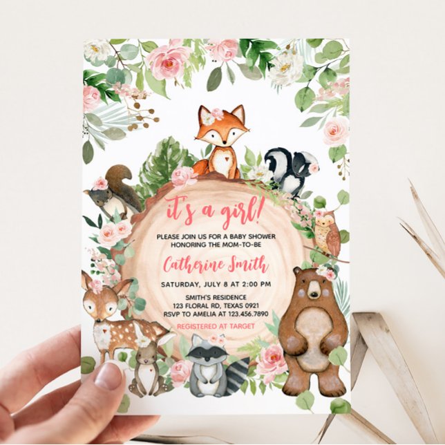 Woodland Animals Floral Wood Slice Baby Shower Invitation (Girl Floral Wood Slice Baby Shower Invitation)