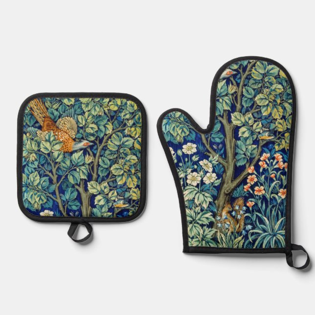 Woodland Animals & Flowers, William Morris Oven Mitt & Pot Holder Set (Front)