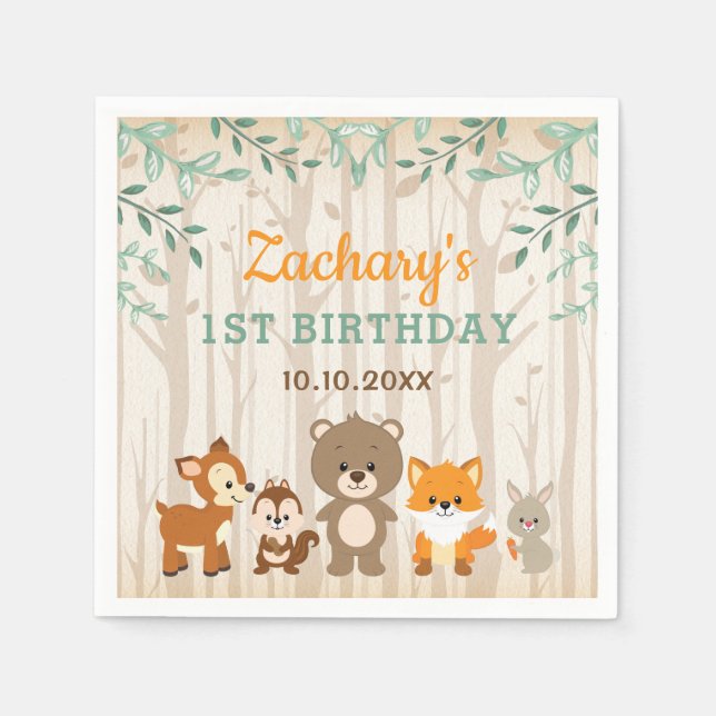 Woodland Animals Forest 1st Birthday Baby Shower Napkin (Front)