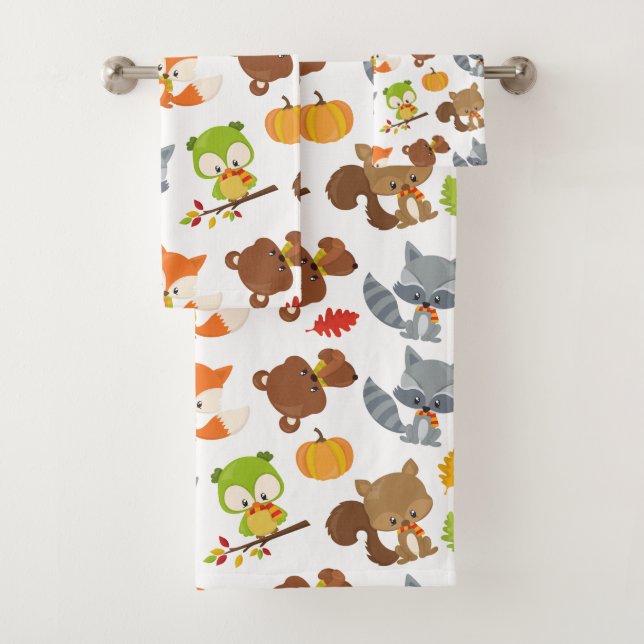 Woodland Animals, Forest Animals, Fall Animals Bath Towel Set (Insitu)