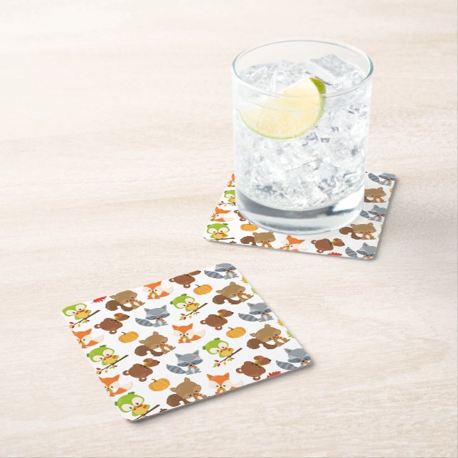 Woodland Animals, Forest Animals, Fall Animals Square Paper Coaster (Insitu)