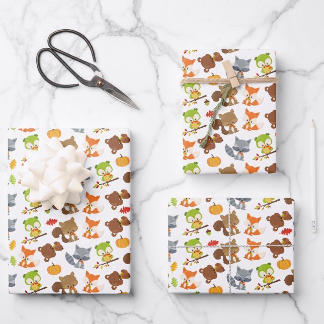 Woodland Animals, Forest Animals, Fall Animals Wrapping Paper Sheet (Front)
