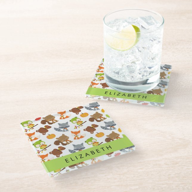 Woodland Animals, Forest Animals, Your Name Glass Coaster (Angled)